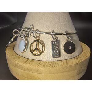 Adjustable Silver-Tone Bangle with Multi-Charms